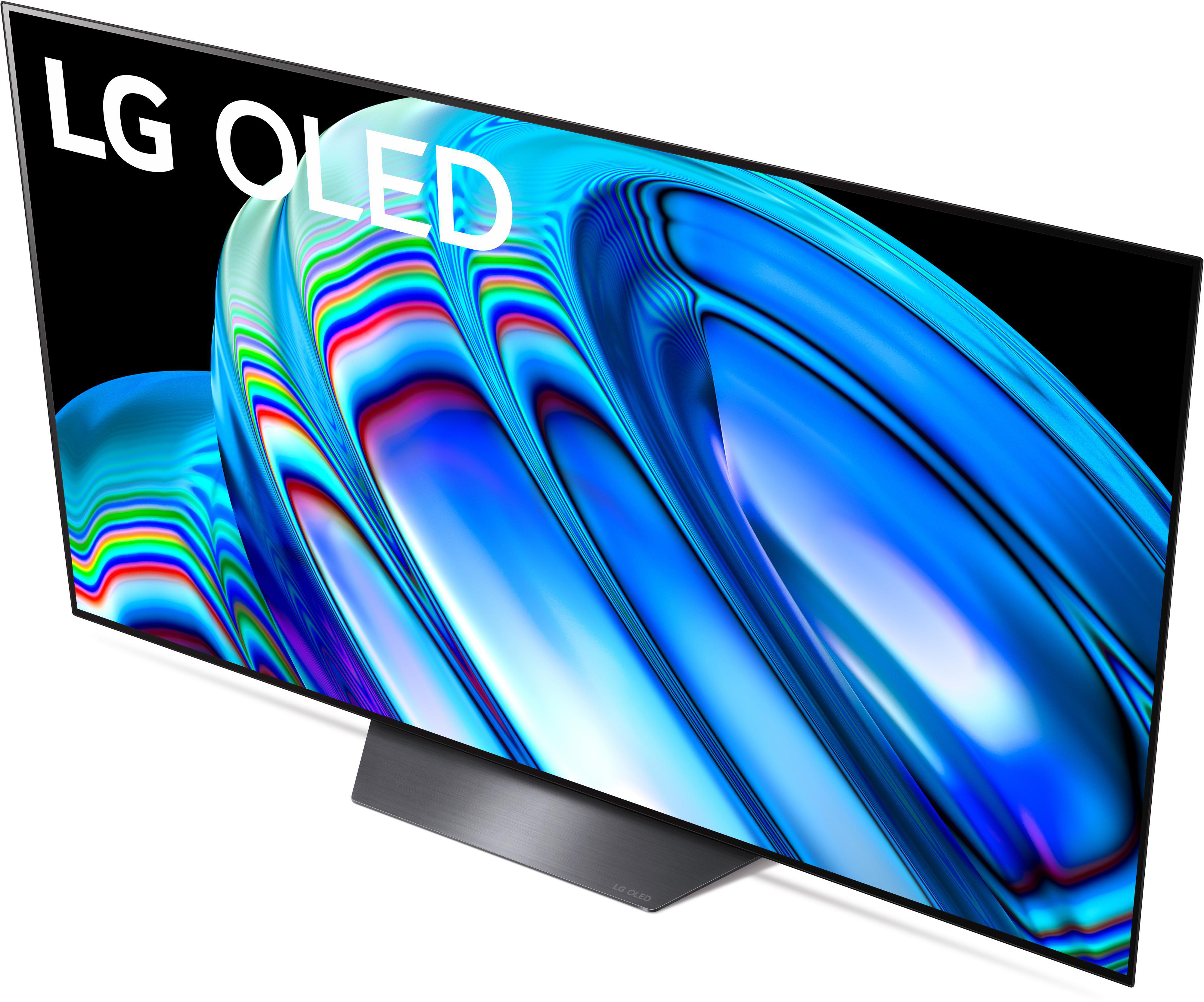 LG OLED TV. Gebogener Bildschirm mit blau-weißem Wirbeldesign, schwarzer Ständer.