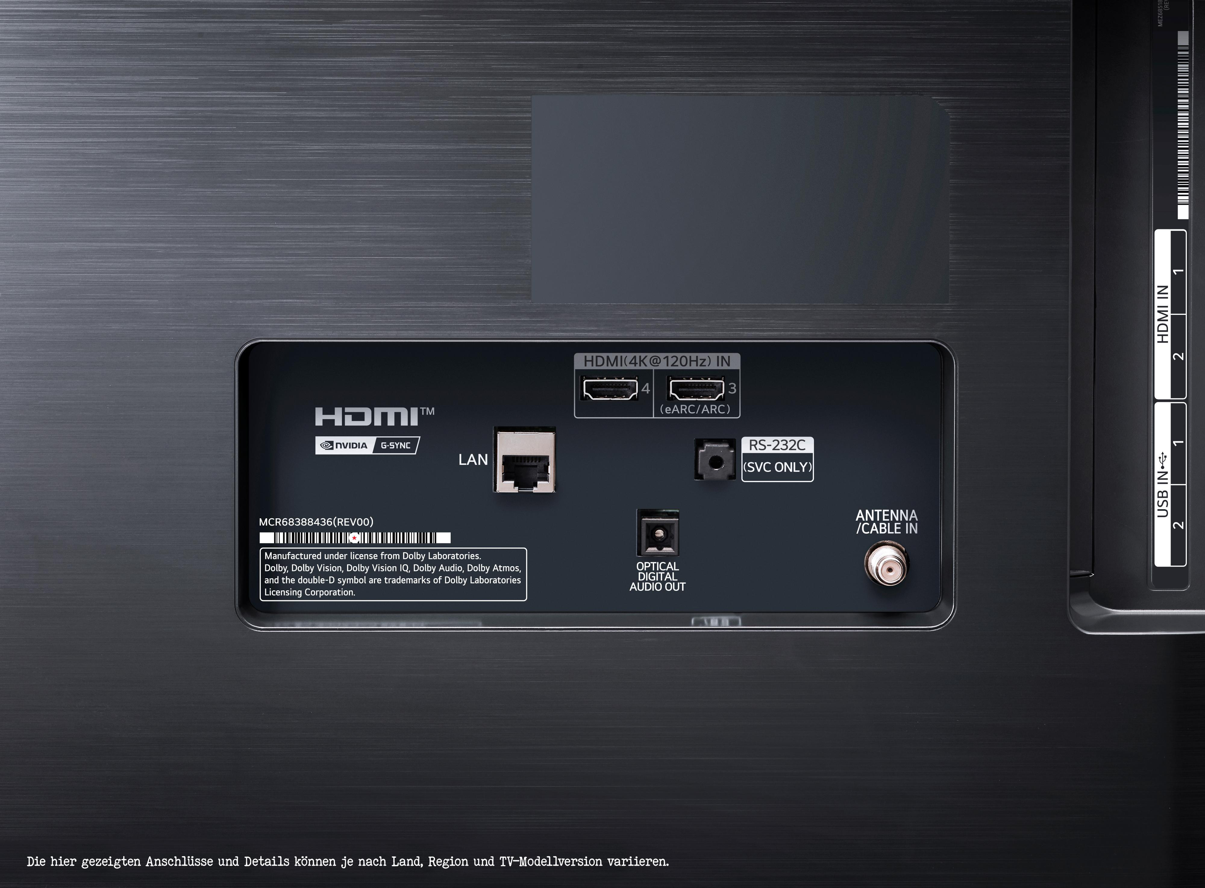TV-Rückwand mit Anschlüssen: HDMI, LAN, USB, Antenne usw. Schwarz und Silber.