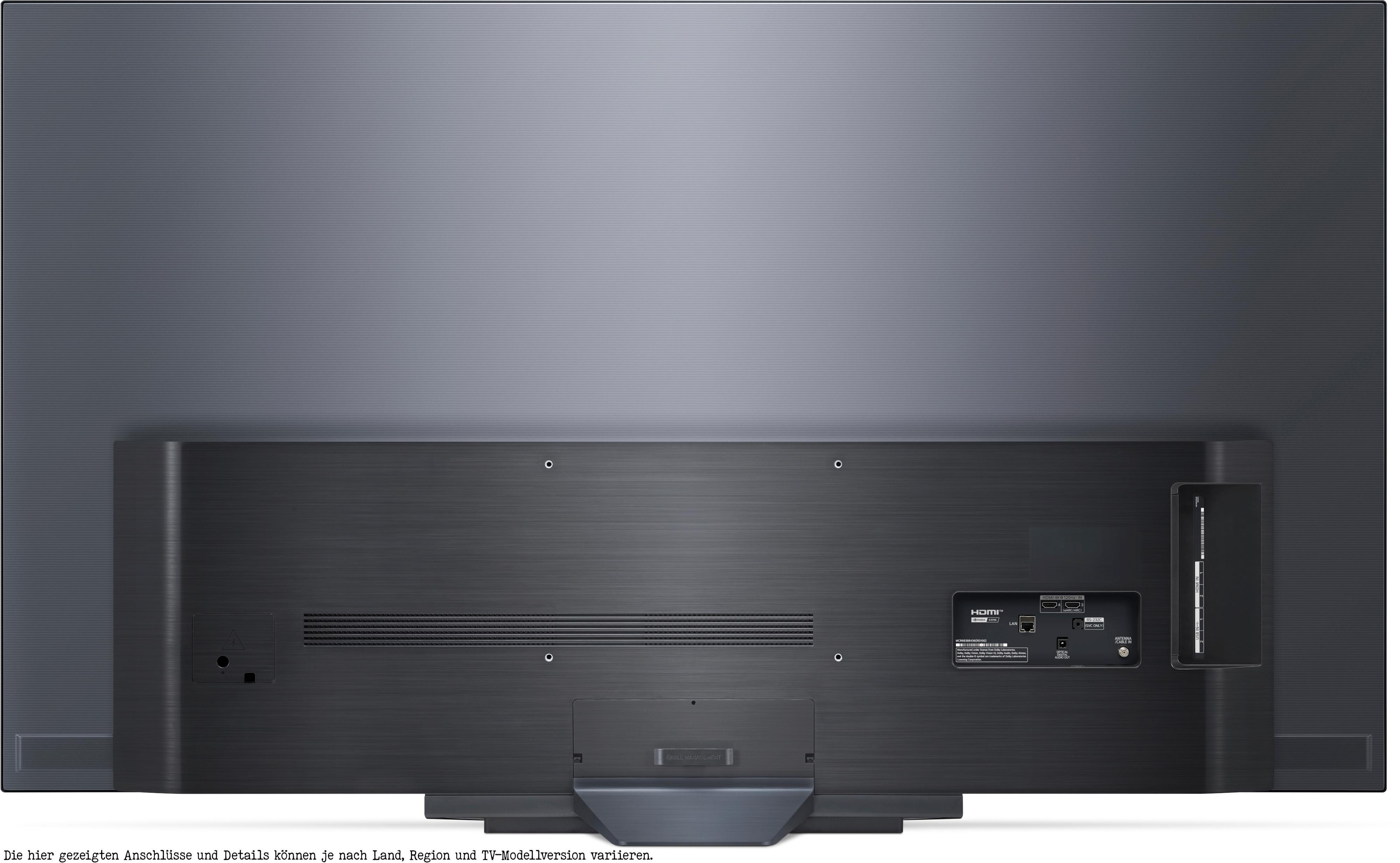 Rückseite eines großen schwarzen Fernsehers. Mehrere Anschlüsse und Verbindungen sind sichtbar. Schwarzer Rahmen und Rückseite.