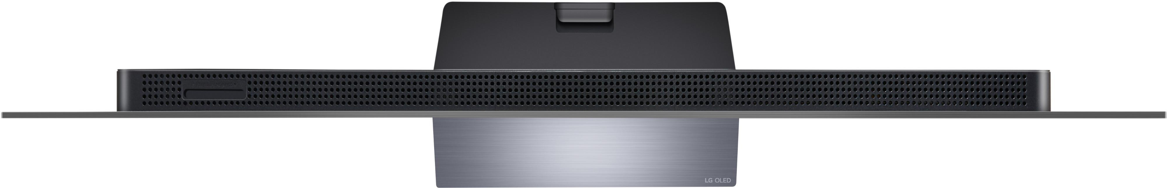 Schwarzer Fernseher mit Standfuß und LG OLED-Branding.