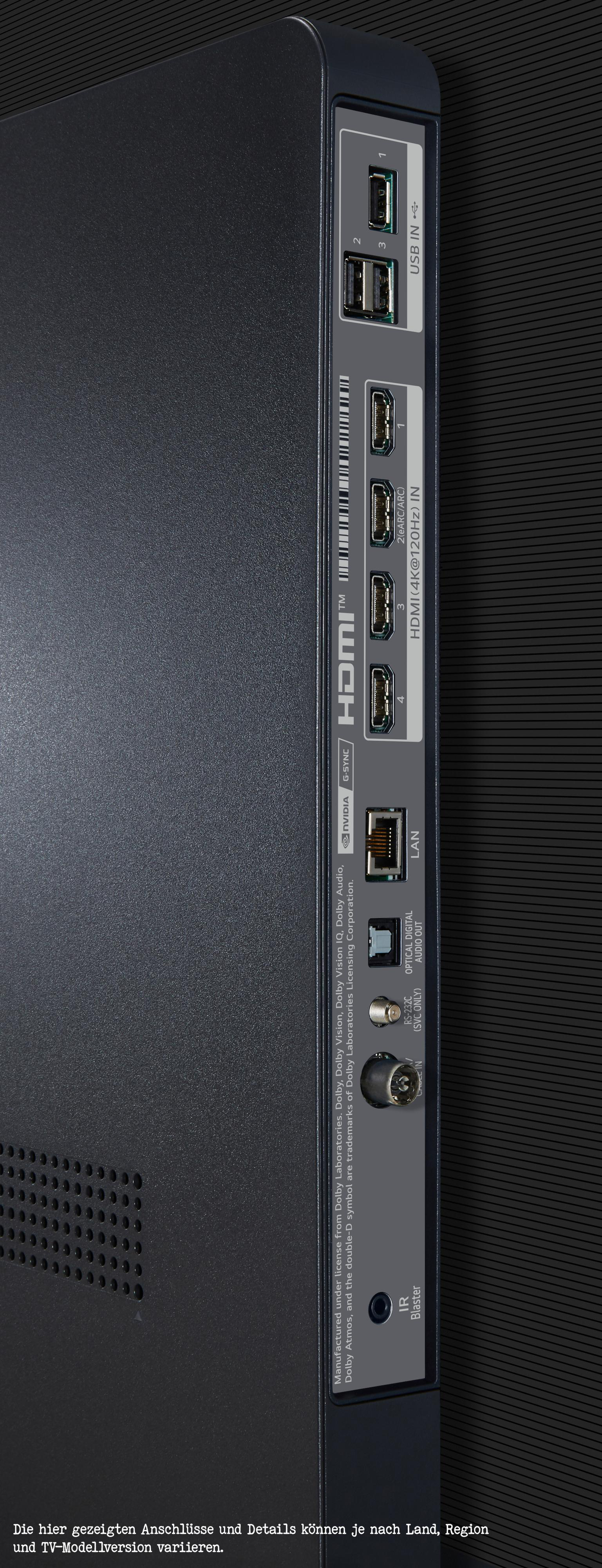 Rückseite eines schwarzen Fernsehers mit Anschlüssen und Beschriftungen. Enthält HDMI-, USB- und LAN-Anschlüsse.