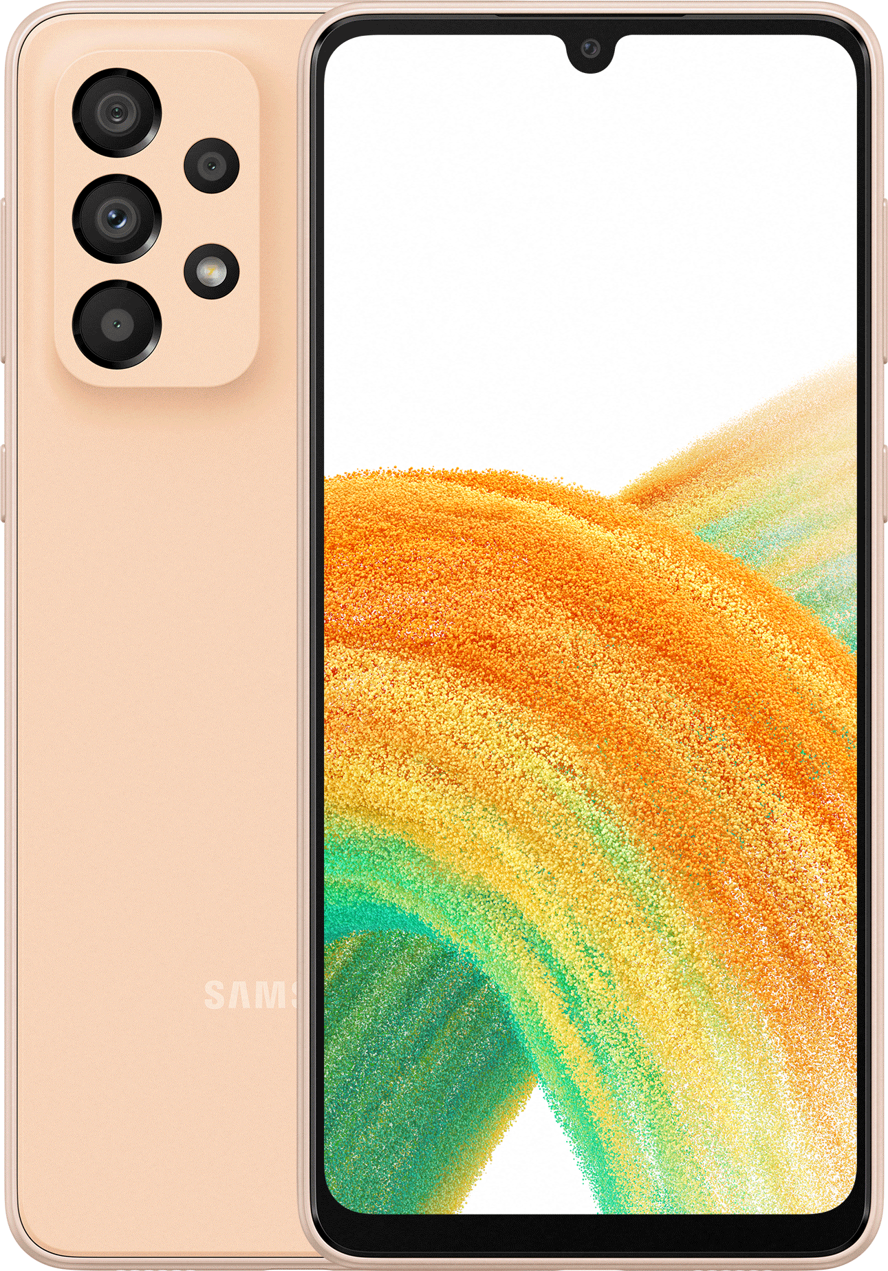 Perzik-kleurige Samsung-telefoon. De achterkant heeft camera's, en de voorkant heeft een scherm.