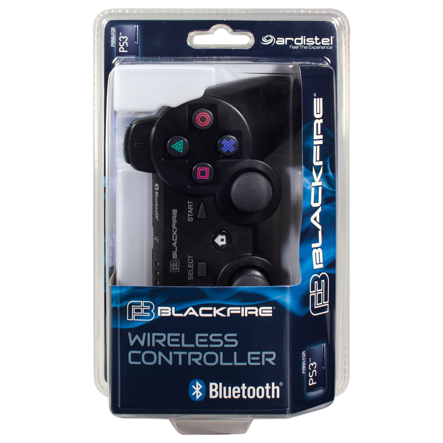 Mando de juego negro con botones y logotipo Bluetooth, en un paquete transparente.