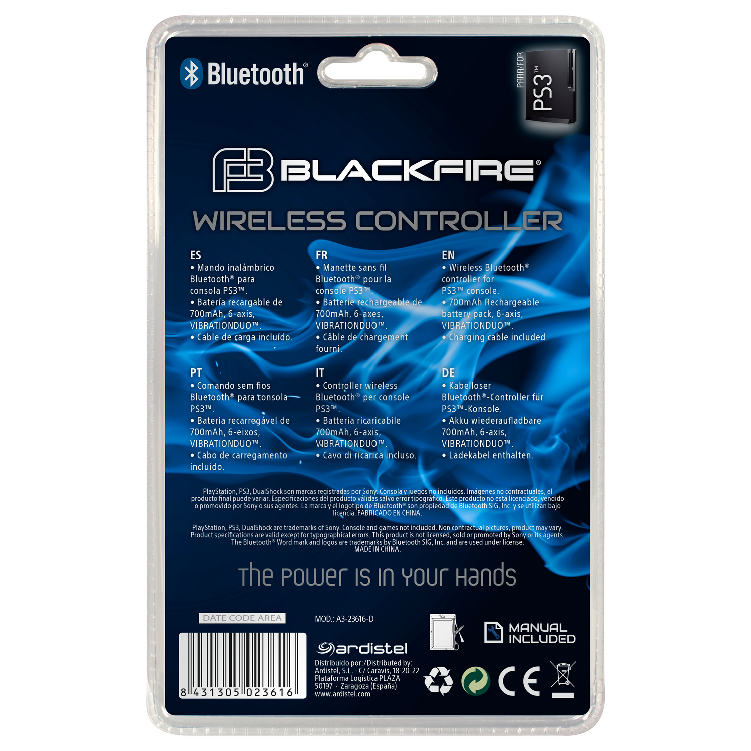 Parte trasera del paquete de un mando de juegos negro y azul, texto en varios idiomas.