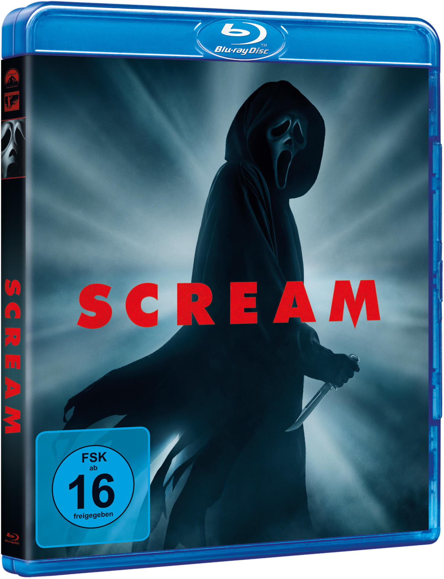Blu-ray-Hülle mit einer Figur in schwarzem Umhang und Maske, der Filmtitel lautet Scream.