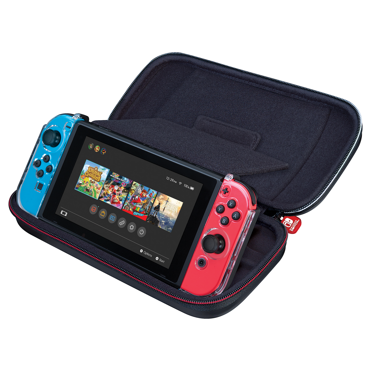 Consola Nintendo Switch con mandos dentro de una funda de transporte negra.