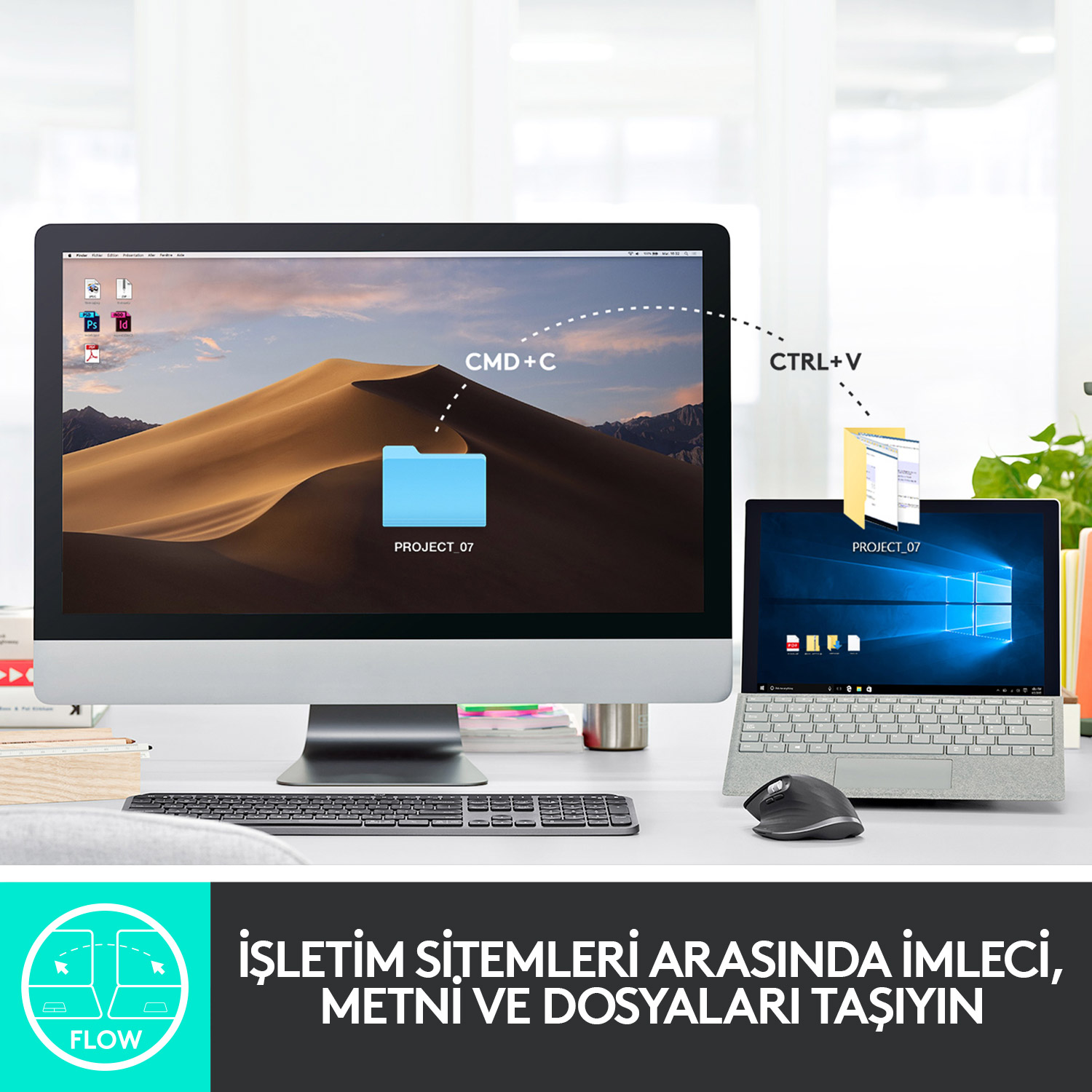 Bir monitör ve dizüstü bilgisayardan oluşan bir bilgisayar kurulumu. Ekran, dosyaları ve 'PROJECT 07' adlı bir klasörü gösteriyor.