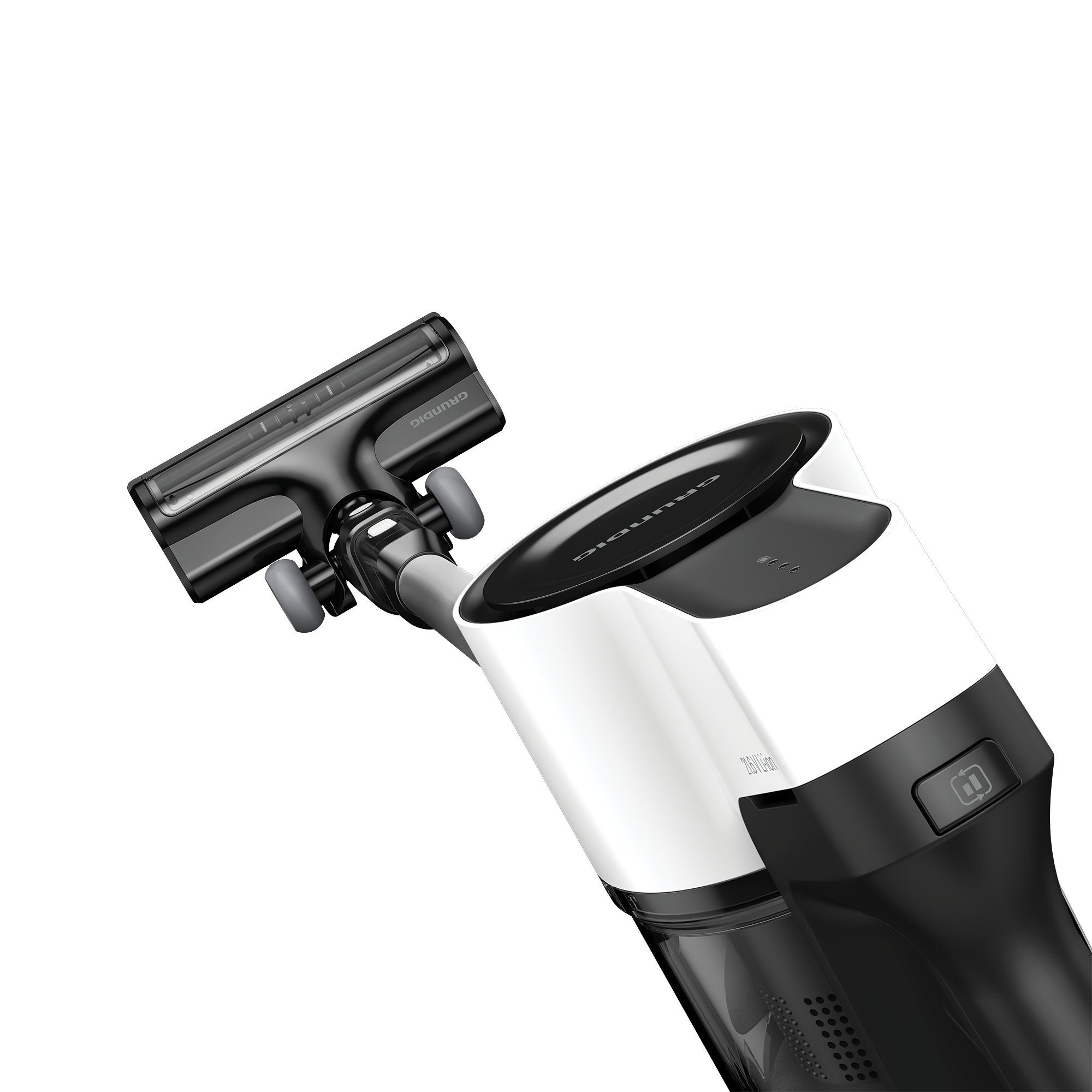 Handstaubsauger mit schwarz-weißem Design. Die Bürste im Vordergrund.