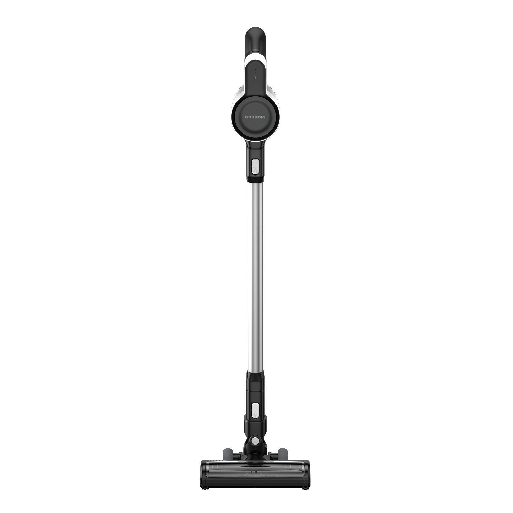 Ein kabelloser Staubsauger von Grundig auf weißem Hintergrund.