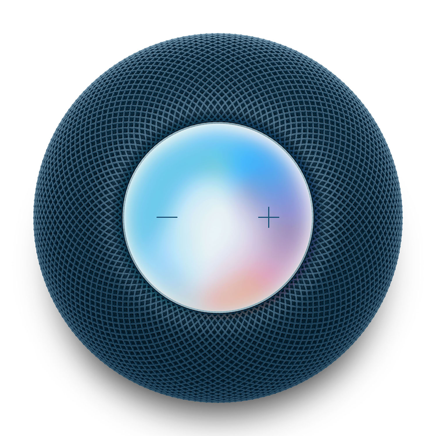 Apple HomePod blu scuro, con touchscreen che mostra un'interfaccia colorata.
