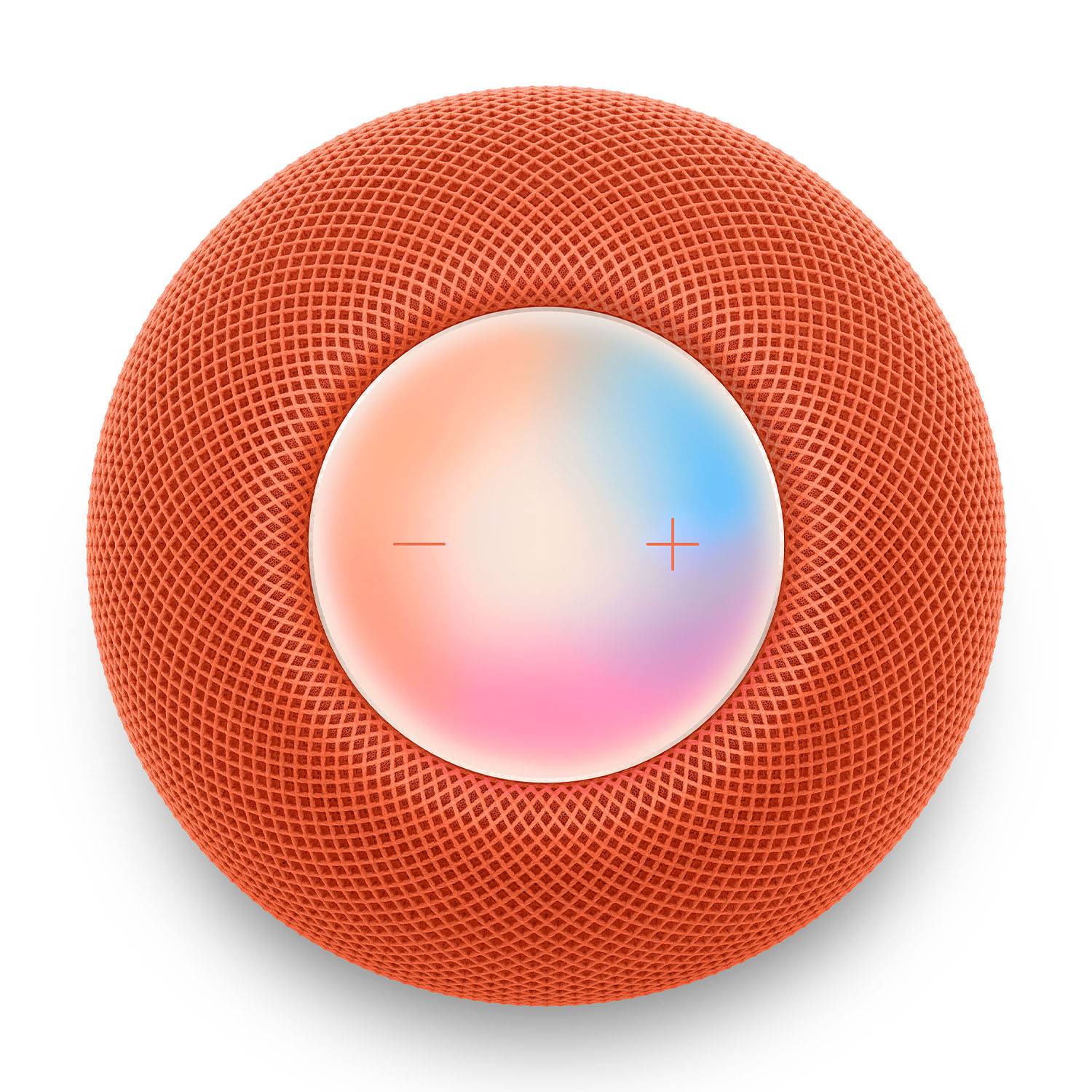 Un altoparlante Apple HomePod arancione con touchscreen sulla parte superiore.