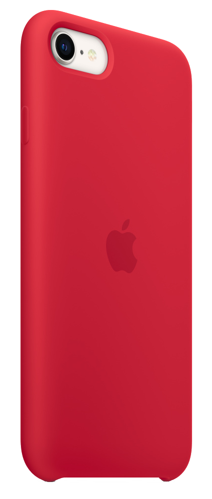 Red iPhone case with the Apple logo. Angled view against a black background.