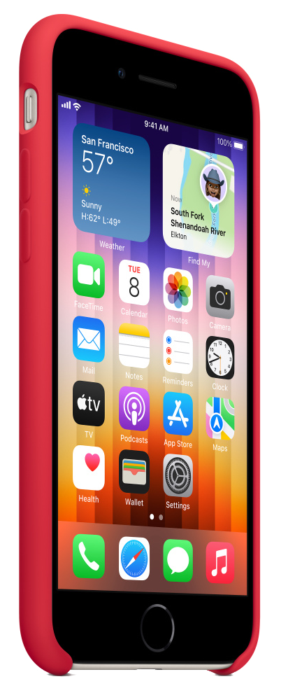 iPhone in a red case with the home screen visible.
