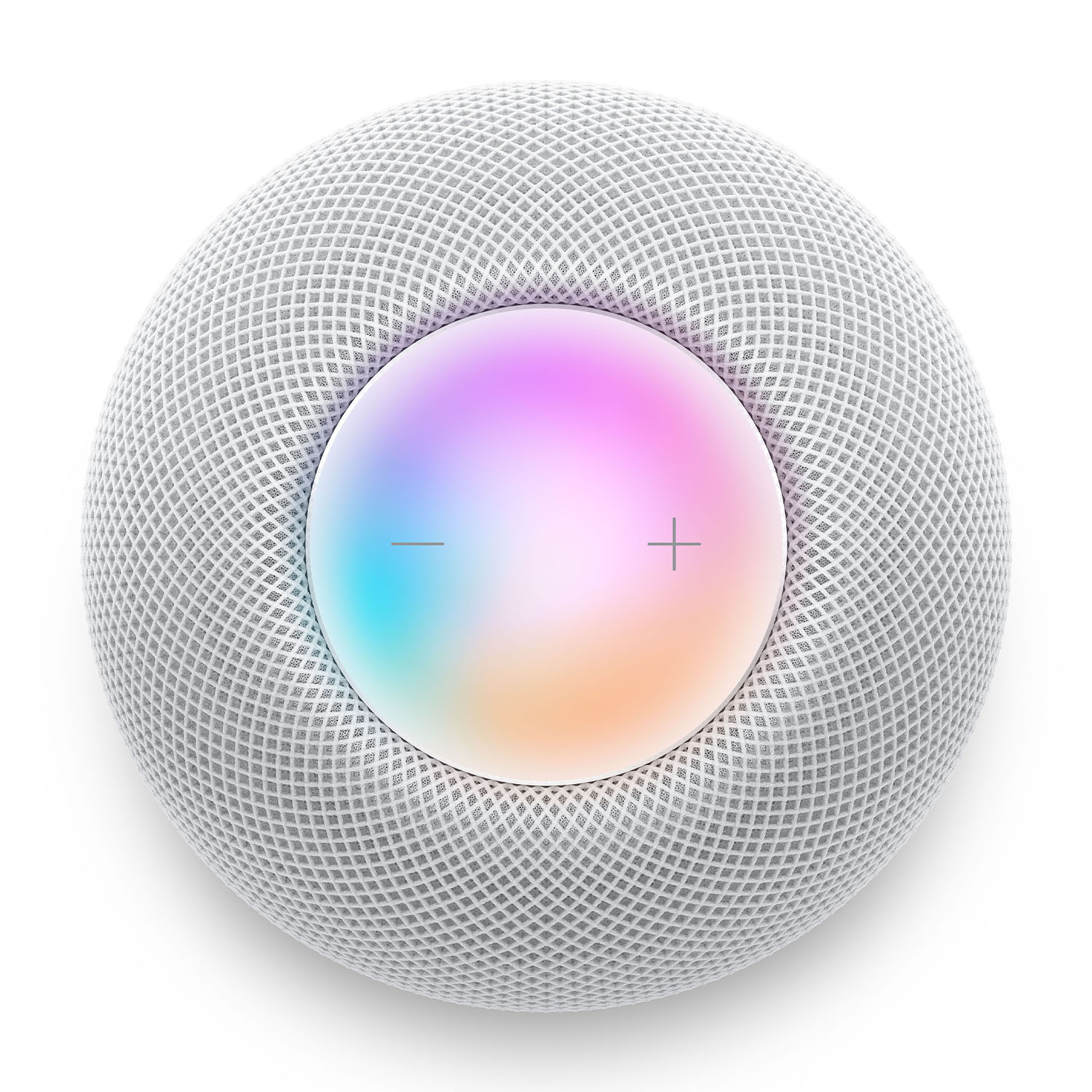 Altoparlante HomePod bianco con parte superiore multicolore brillante e esterno in rete.