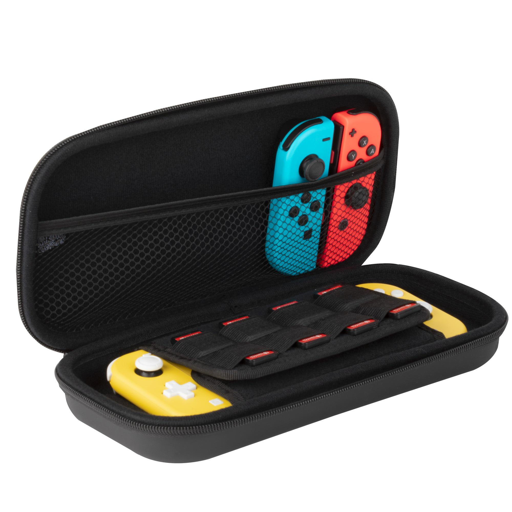Schwarzes Etui mit gelben und roten Gamecontrollern. Eine gelbe Konsole ist auch enthalten.