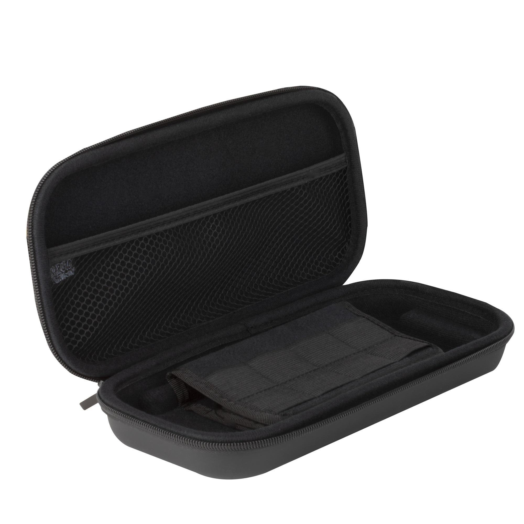 Schwarze, geöffnete Tragetasche mit Netztasche und Gurten innen.