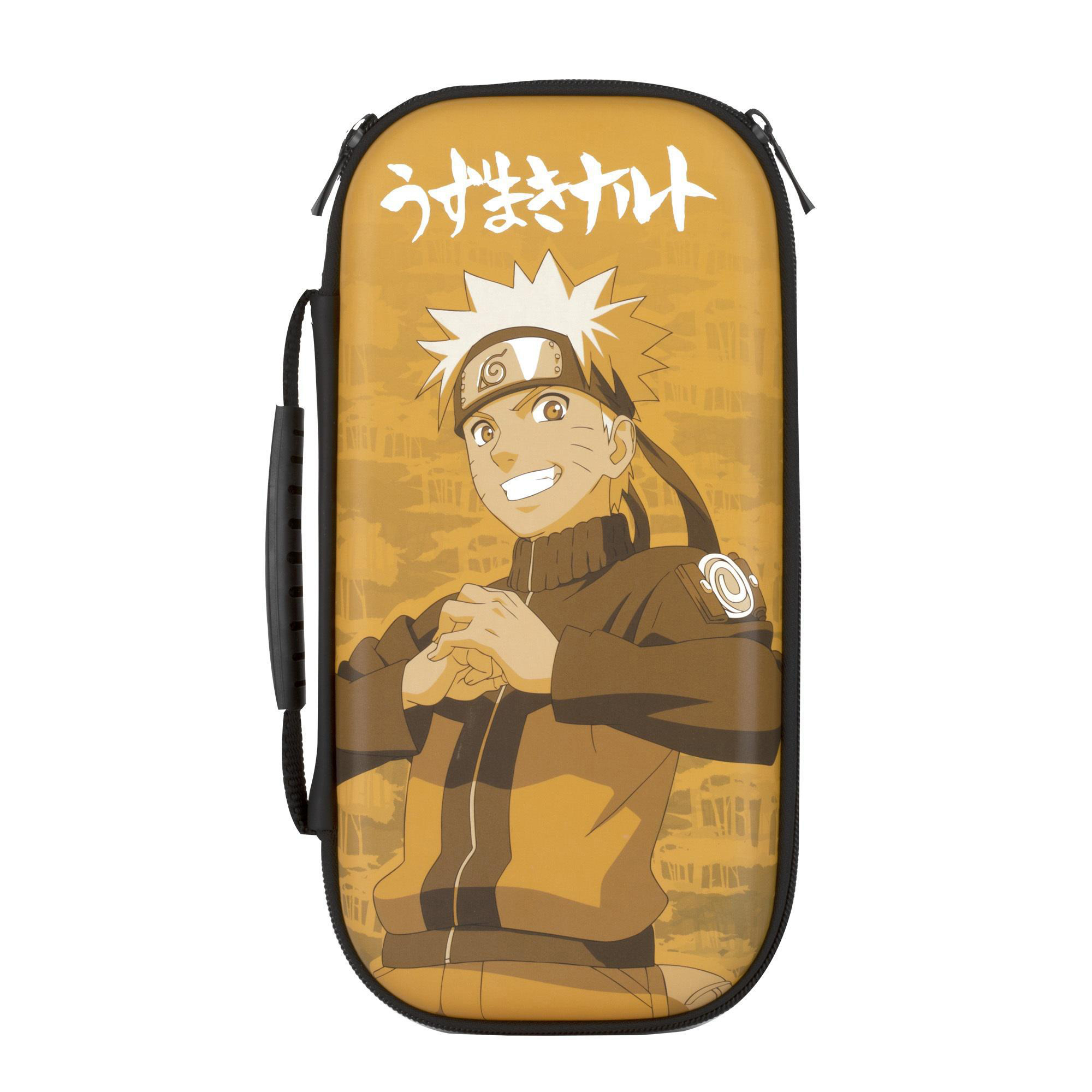 Naruto-Hülle für Switch, mit lächelndem Naruto und japanischem Text. Oranger Hintergrund.