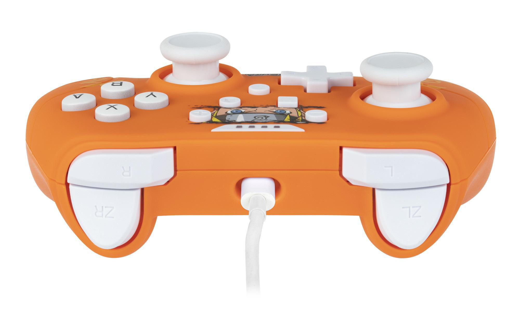Oranger Nintendo Switch Controller mit weißen Knöpfen und Ladekabel.
