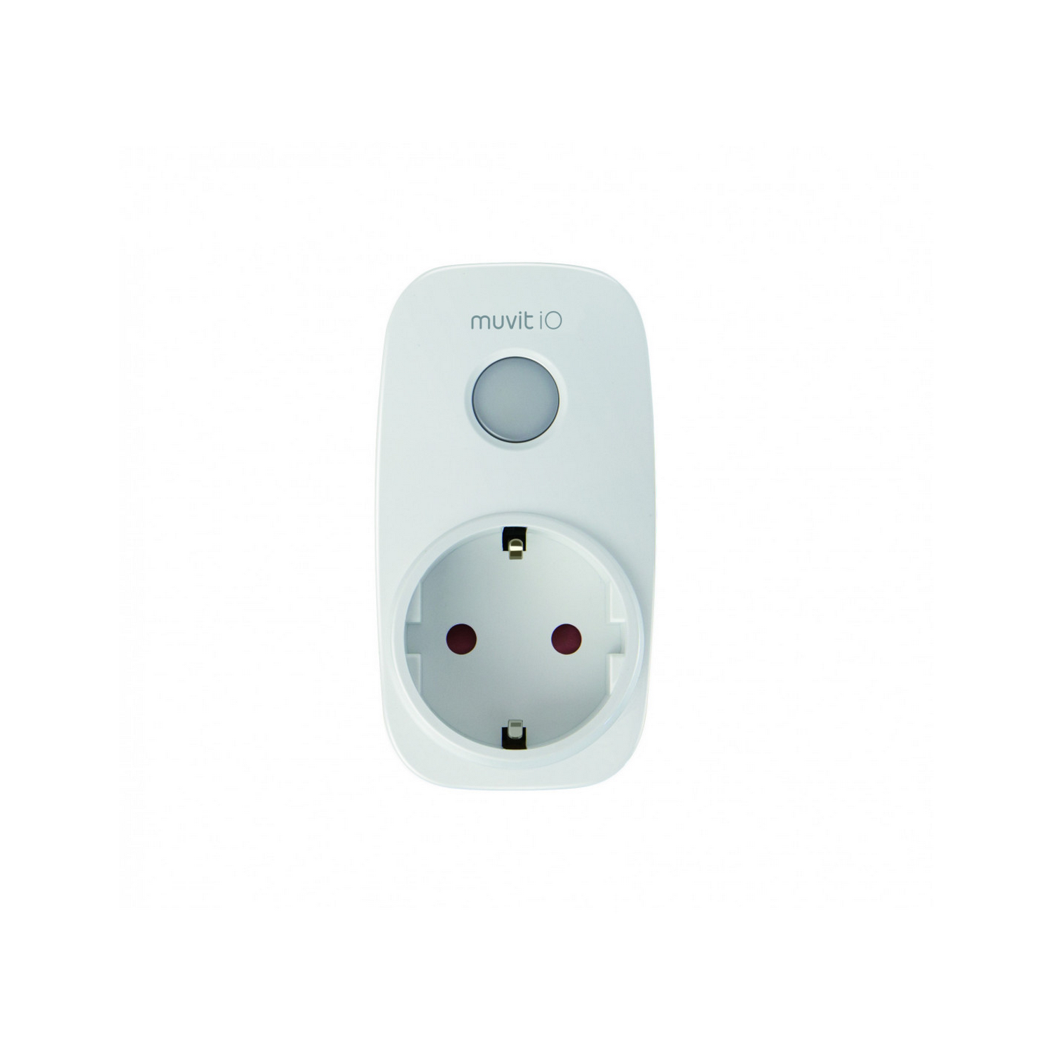 Enchufe inteligente blanco con enchufe de dos orificios y botón arriba.