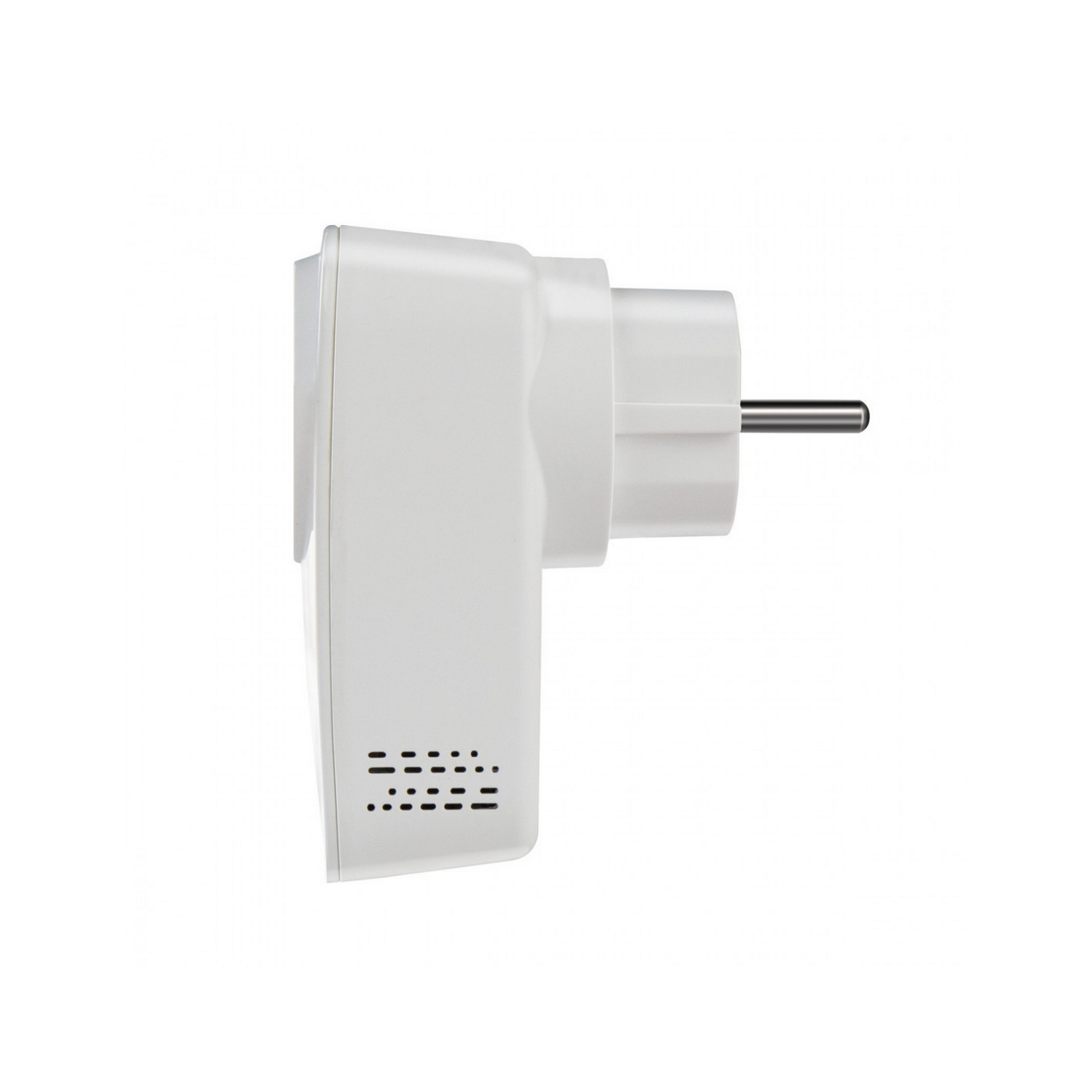 Un adaptador de enchufe blanco con un enchufe de estilo europeo. El fondo es blanco.