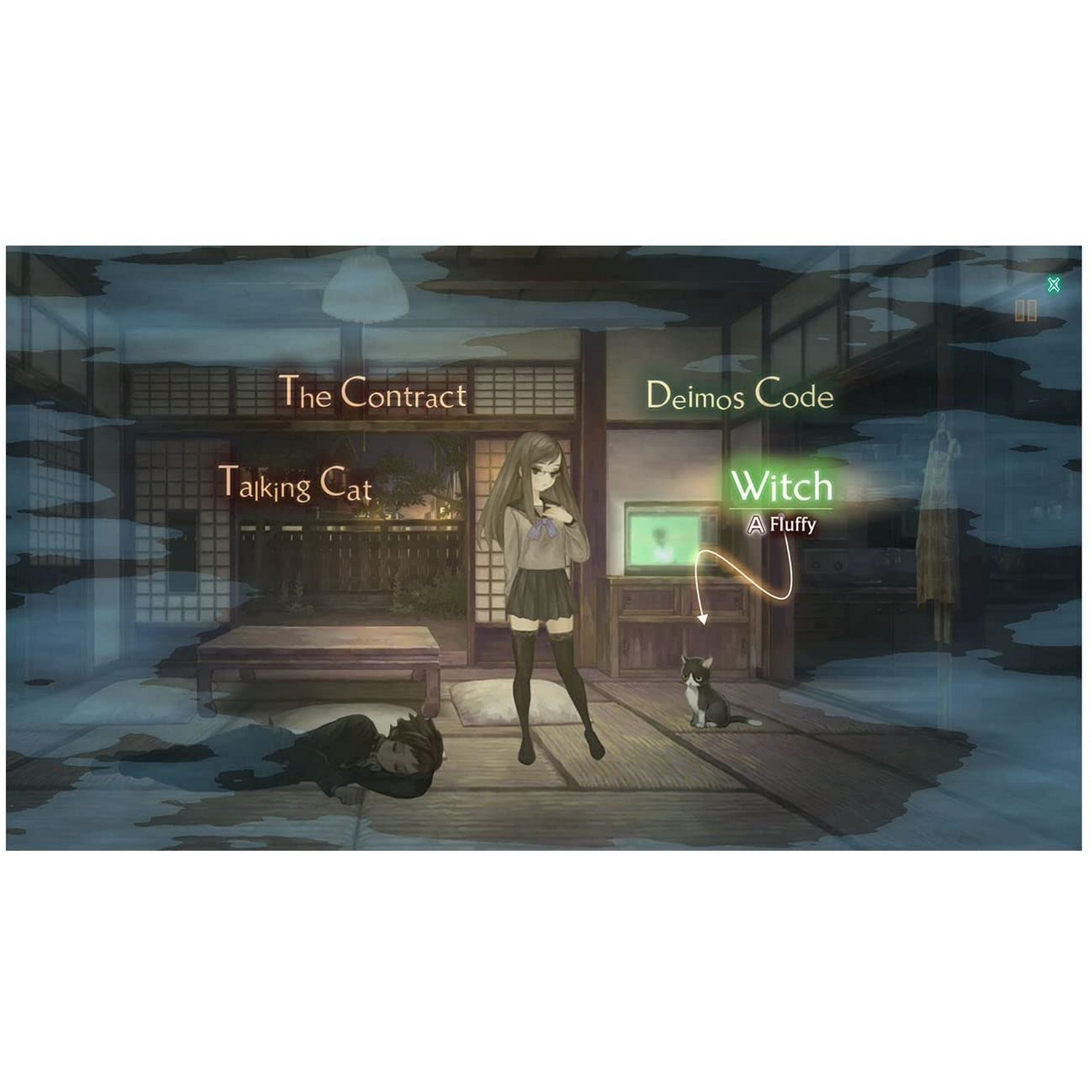 Escena anime: chica con uniforme escolar, dos figuras en el suelo, un gato, un TV.