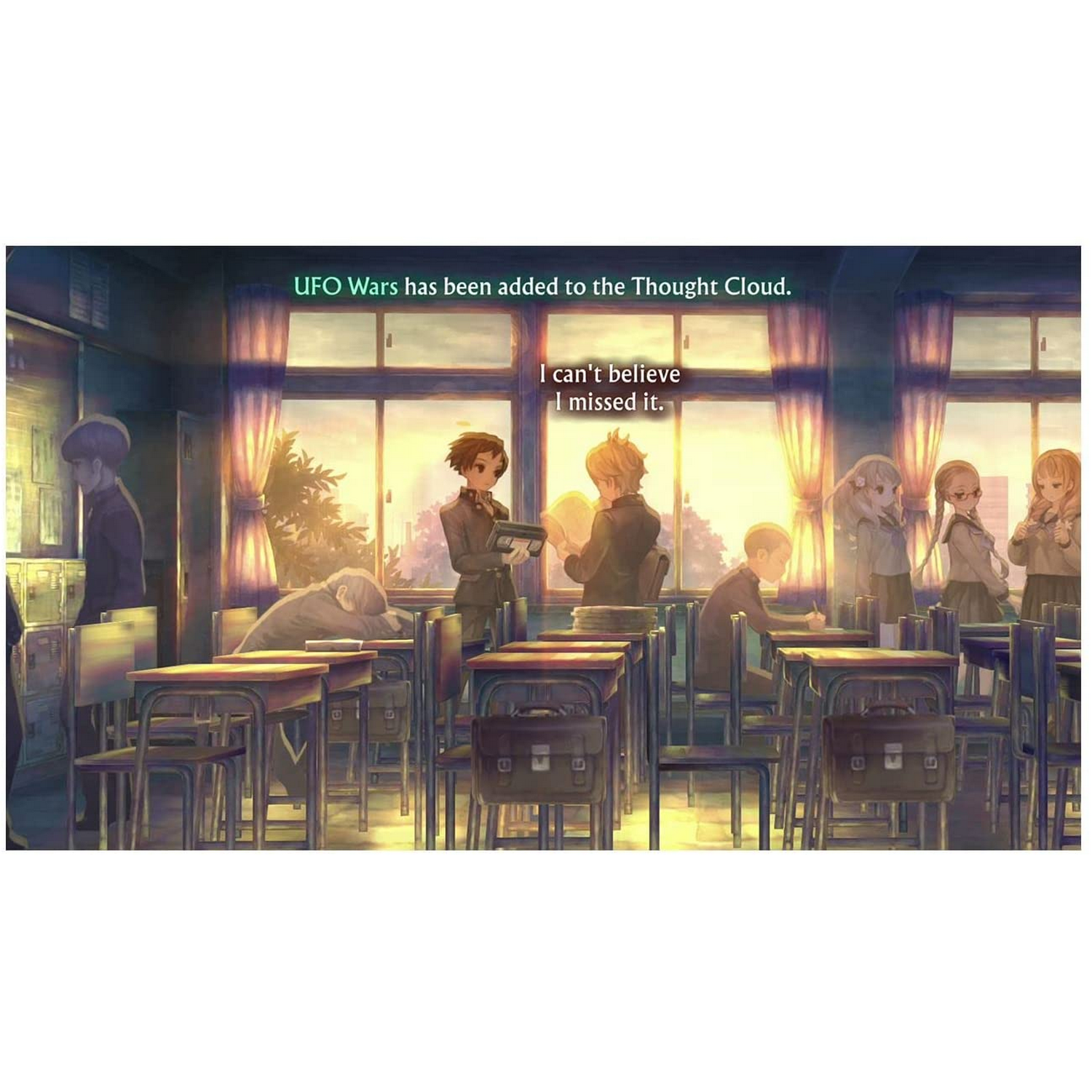 Estudiantes en un aula, con una burbuja de texto que dice 'UFO Wars'.