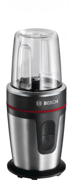 Bosch Kaffeemühle, schwarz und silber, mit rotem Akzent, isoliert auf Weiß.