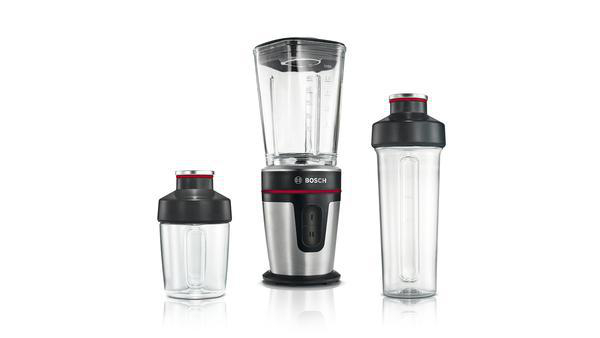 Drei transparente Mixer: ein großer Mixer, ein kleinerer Mixer und ein Reisebehälter.