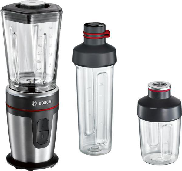 Mixer mit drei Teilen: Mixer, ein hoher Behälter und ein kleiner. Schwarz und Silber.