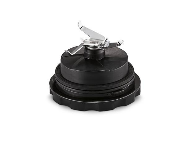 Schwarzer Mixer-Klingenaufsatz mit silbernen Klingen. Auf weißem Hintergrund, von oben aufgenommen.