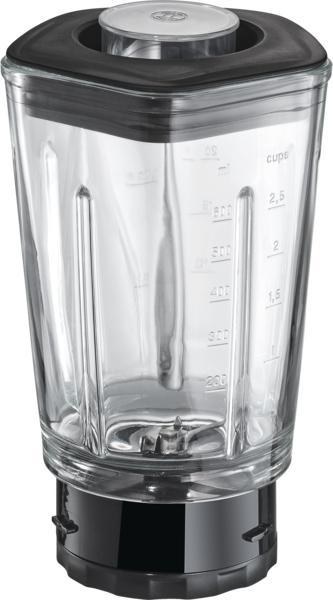 Klarer Glas-Mixerbehälter mit schwarzem Sockel und Deckel. Er hat Messungen an der Seite.