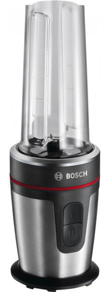 Silber-schwarzer Mixer mit transparentem Behälter und zwei schwarzen Knöpfen. Der Sockel ist schwarz.