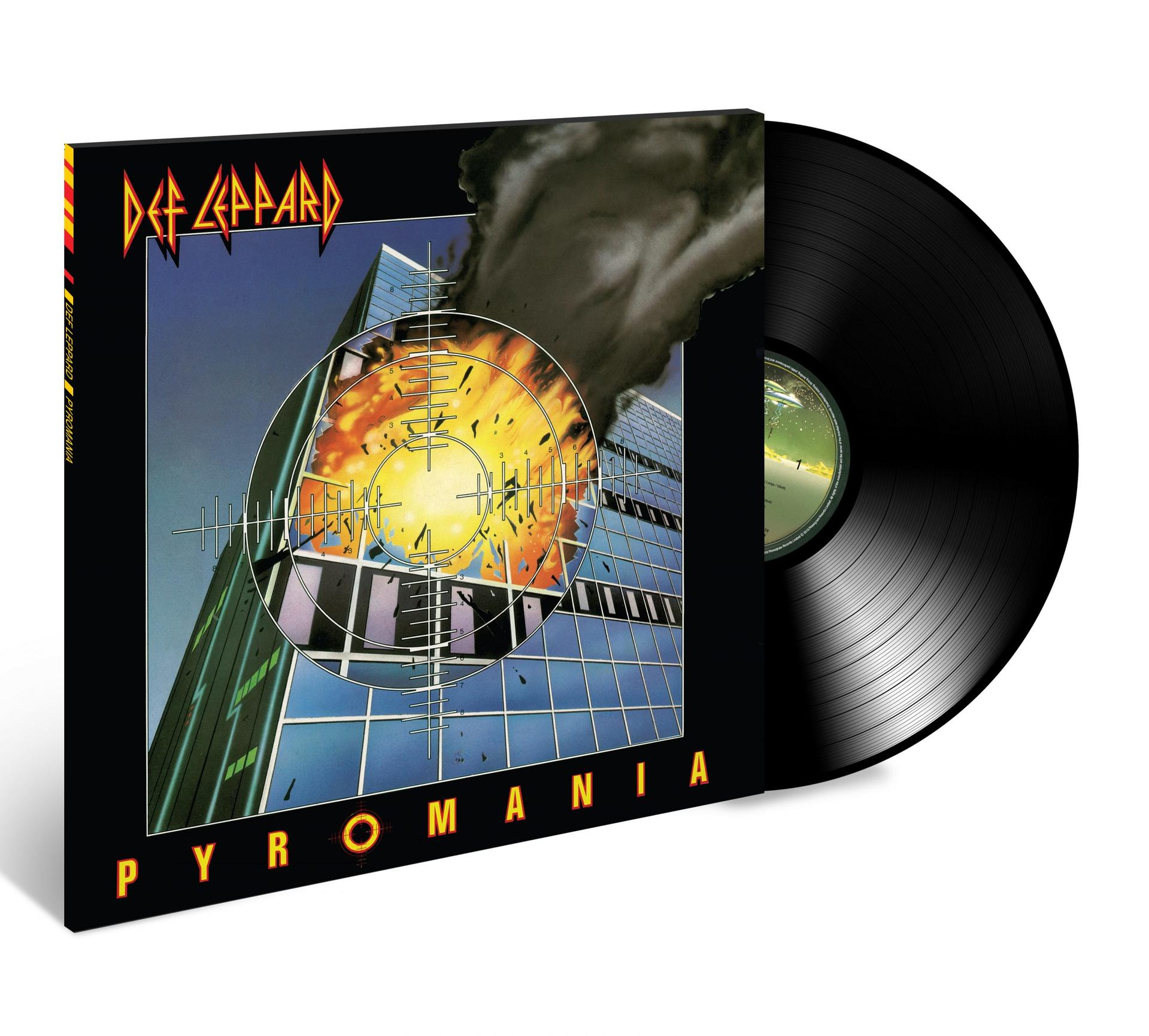 Def Leppard Pyromania hanglemeze borítóval, amelyen egy égő felhőkarcoló látható célkereszttel.