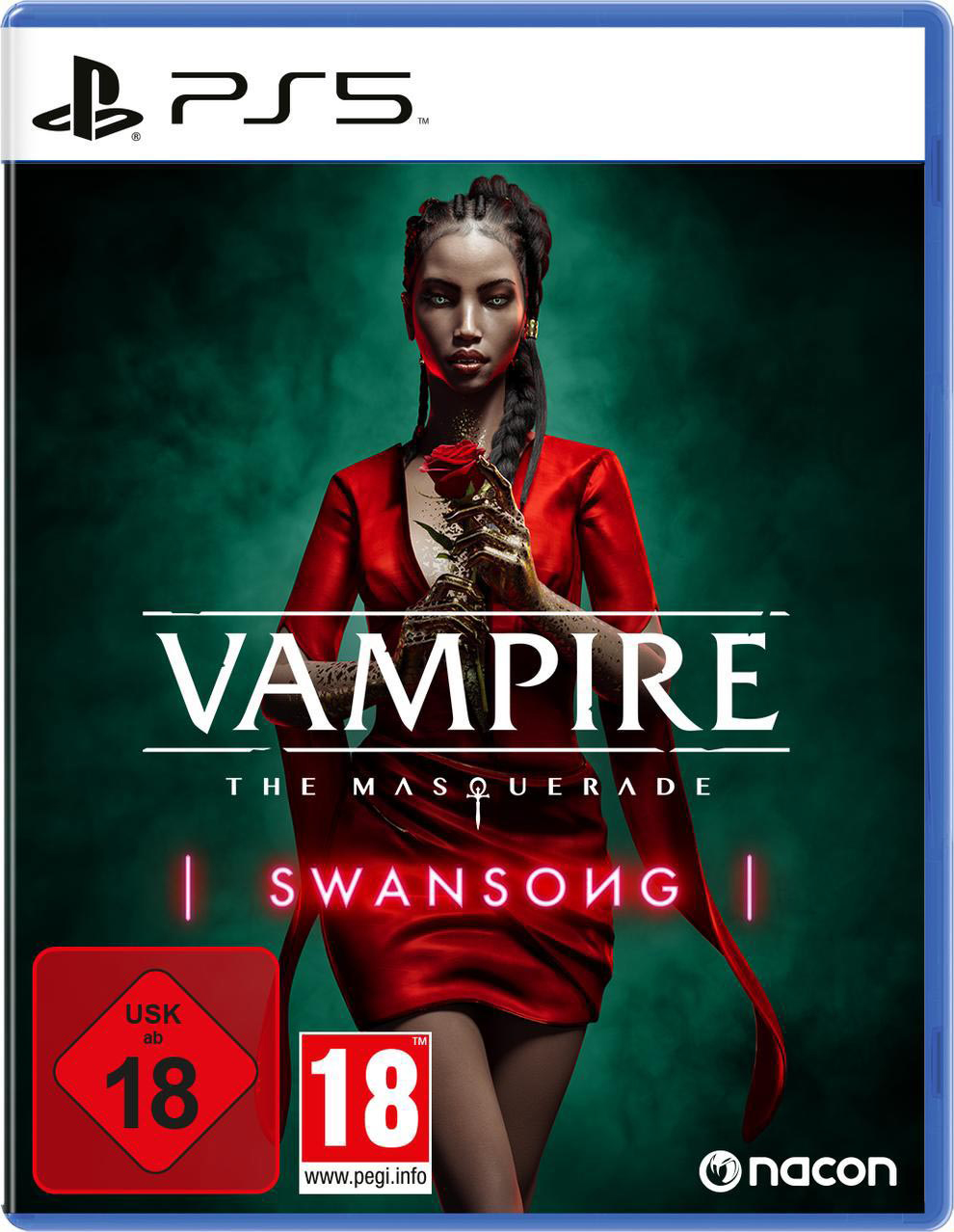 Spielbox. Eine Frau im roten Kleid mit einer Rose. Der Spieletitel ist Vampire: The Masquerade - Swansong.