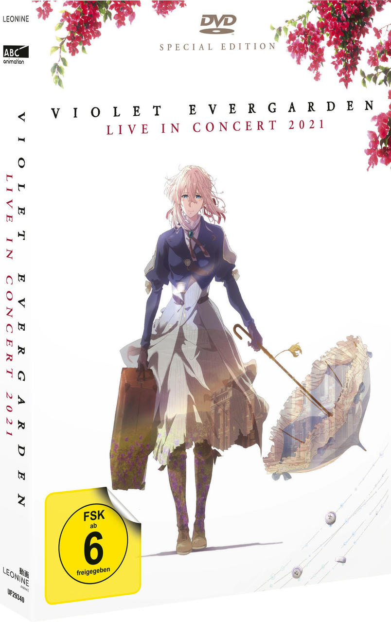 DVD-Cover von Violet Evergarden, mit dem Charakter, der Koffer und Schirm hält.