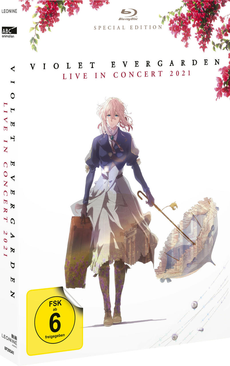 DVD-Cover von 'Violet Evergarden'. Eine Frau steht mit Regenschirm und Koffer.