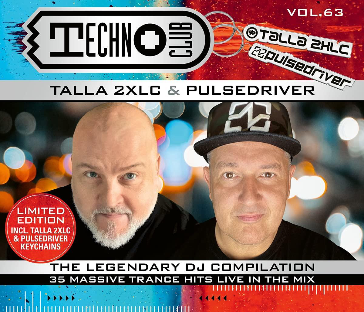 Techno Club CD-Cover. Zwei Männer vor farbenfrohem Hintergrund.