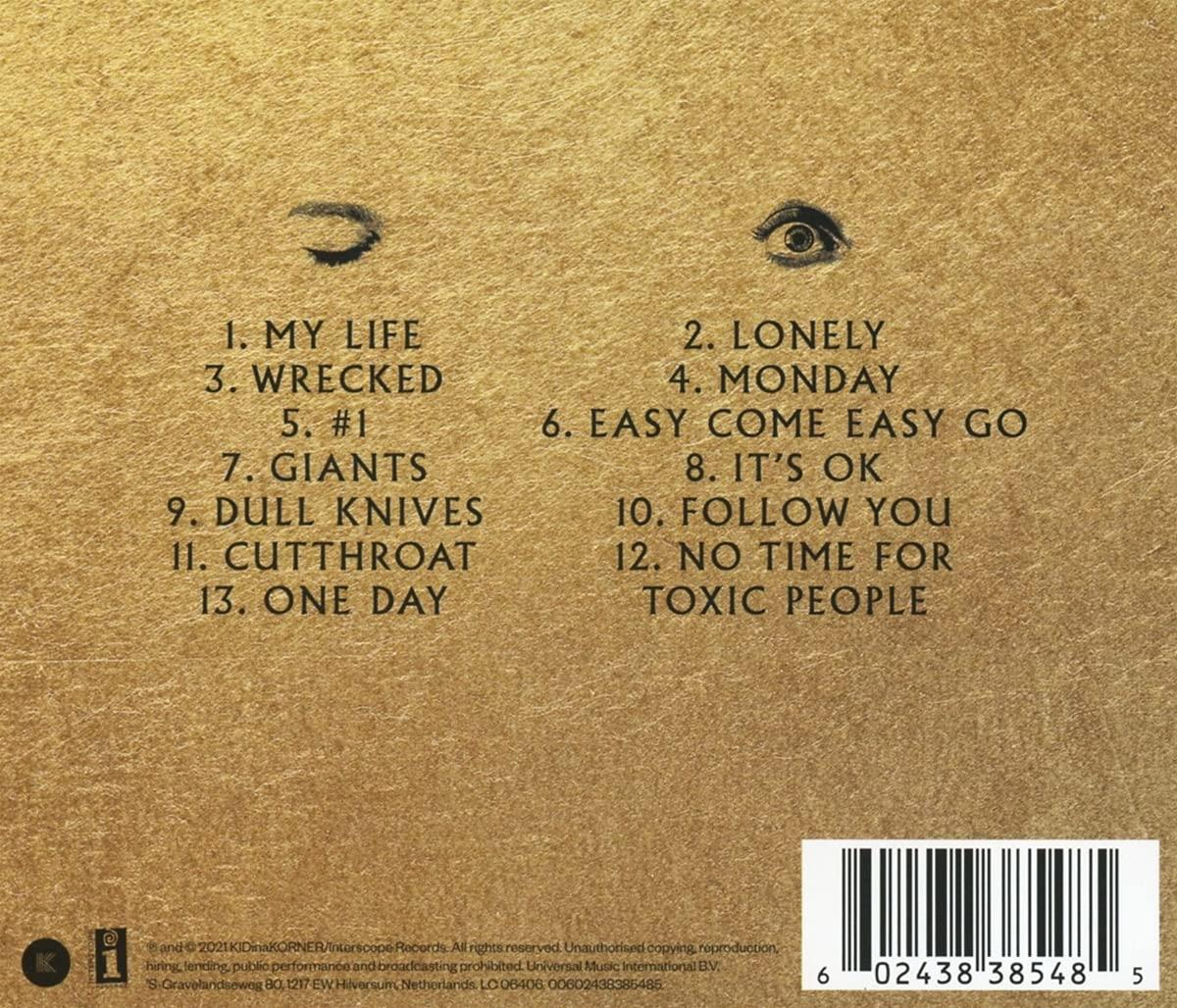 Egy album hátlapja, dal listával és két szemmel. A borító barna.