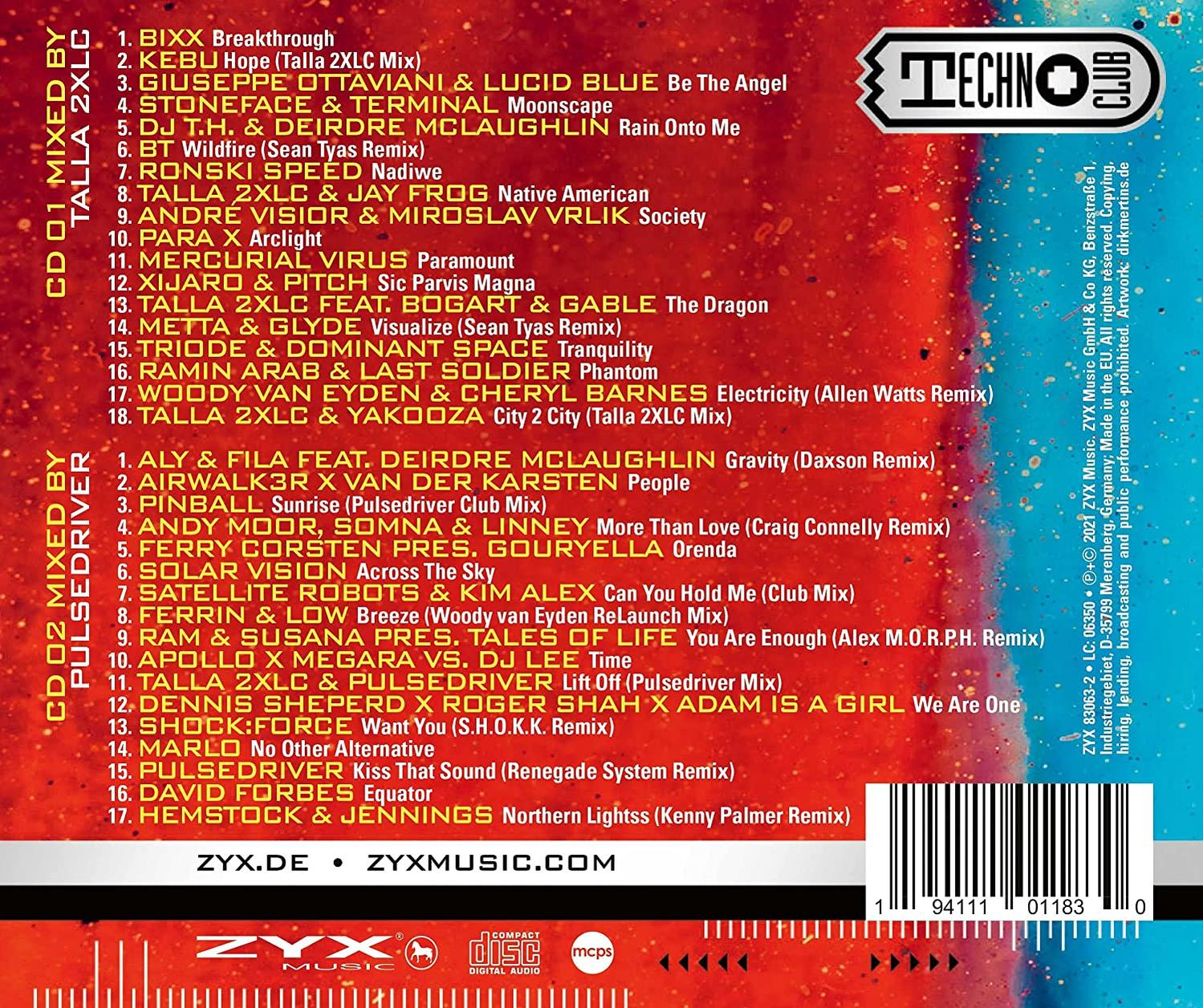 CD-Cover mit Titellisten und Künstlernamen. Techno Club-Logo und ZYX Music-Branding sind sichtbar.