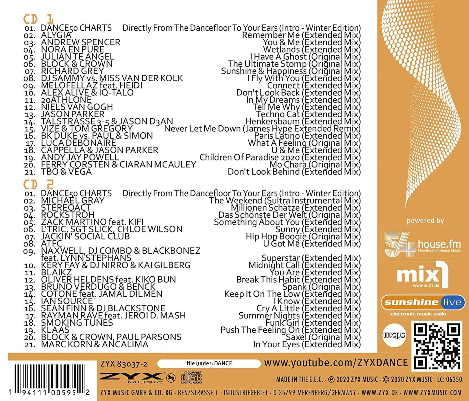 Albumcover mit Titelliste und QR-Code. Text enthält Künstler- und Songnamen.