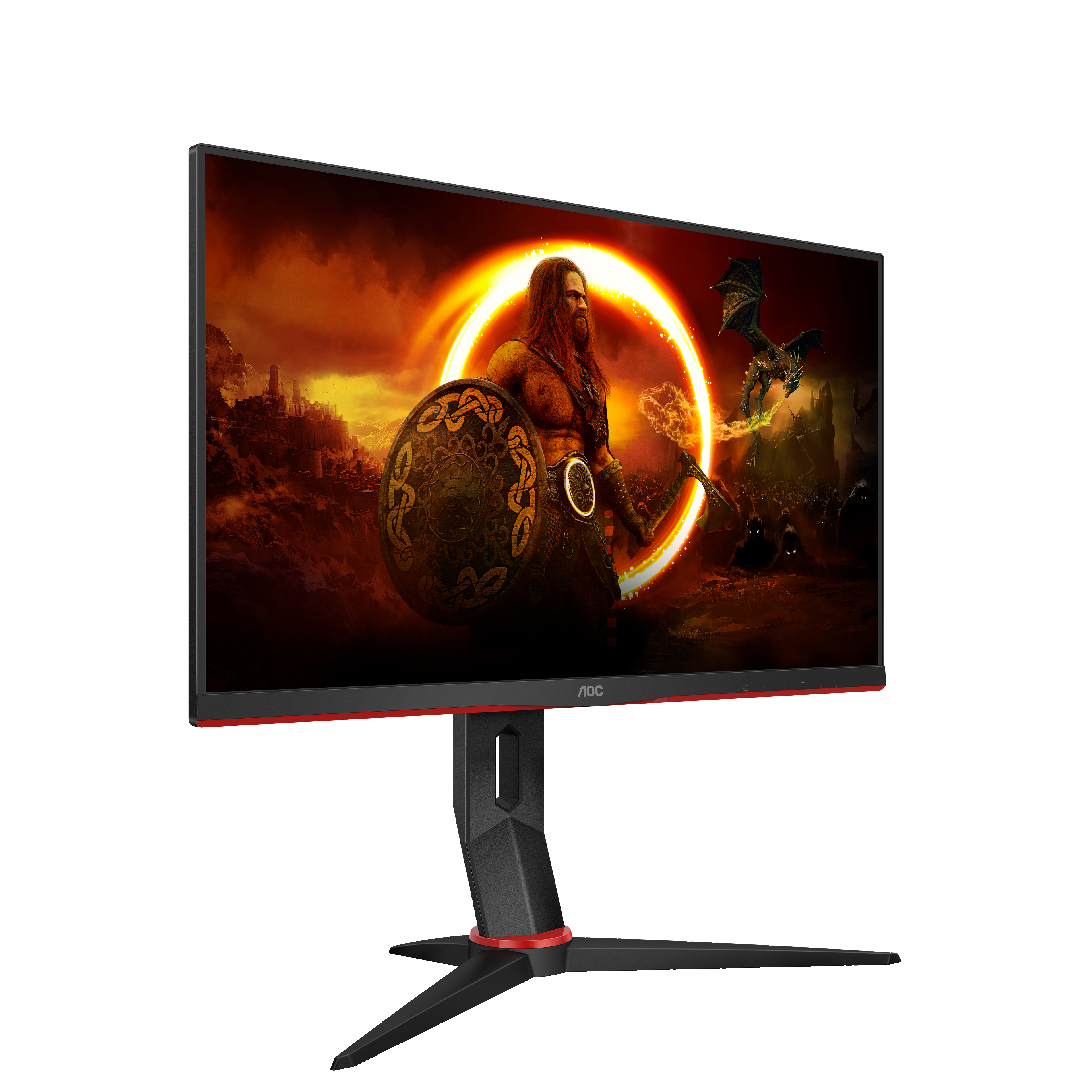 Gaming-Monitor mit rot-schwarzem Design. Zeigt eine Fantasy-Szene mit Krieger und Drache.