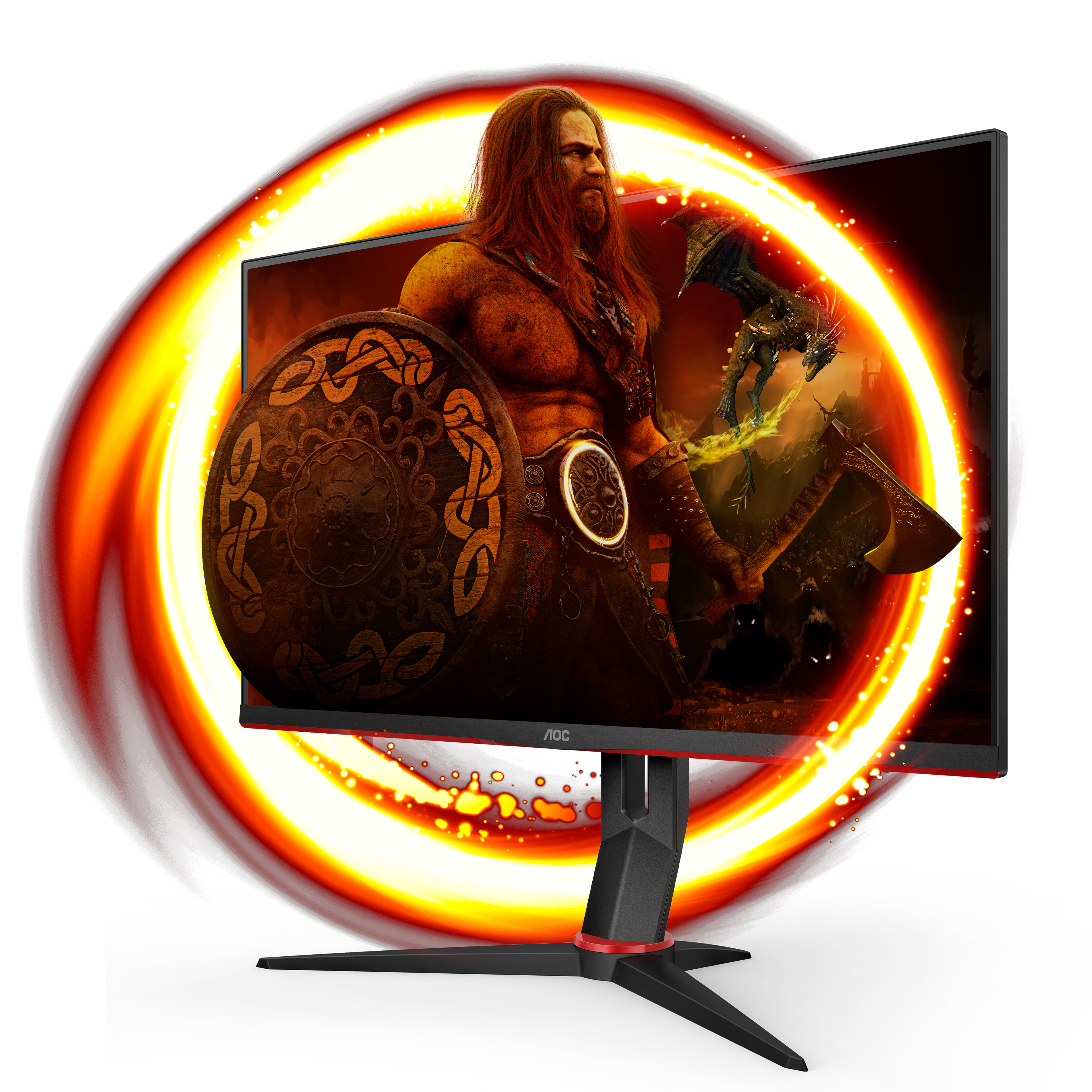 Gaming-Monitor mit Krieger. Umgeben von roten und orangefarbenen Lichteffekten. Weißer Hintergrund.