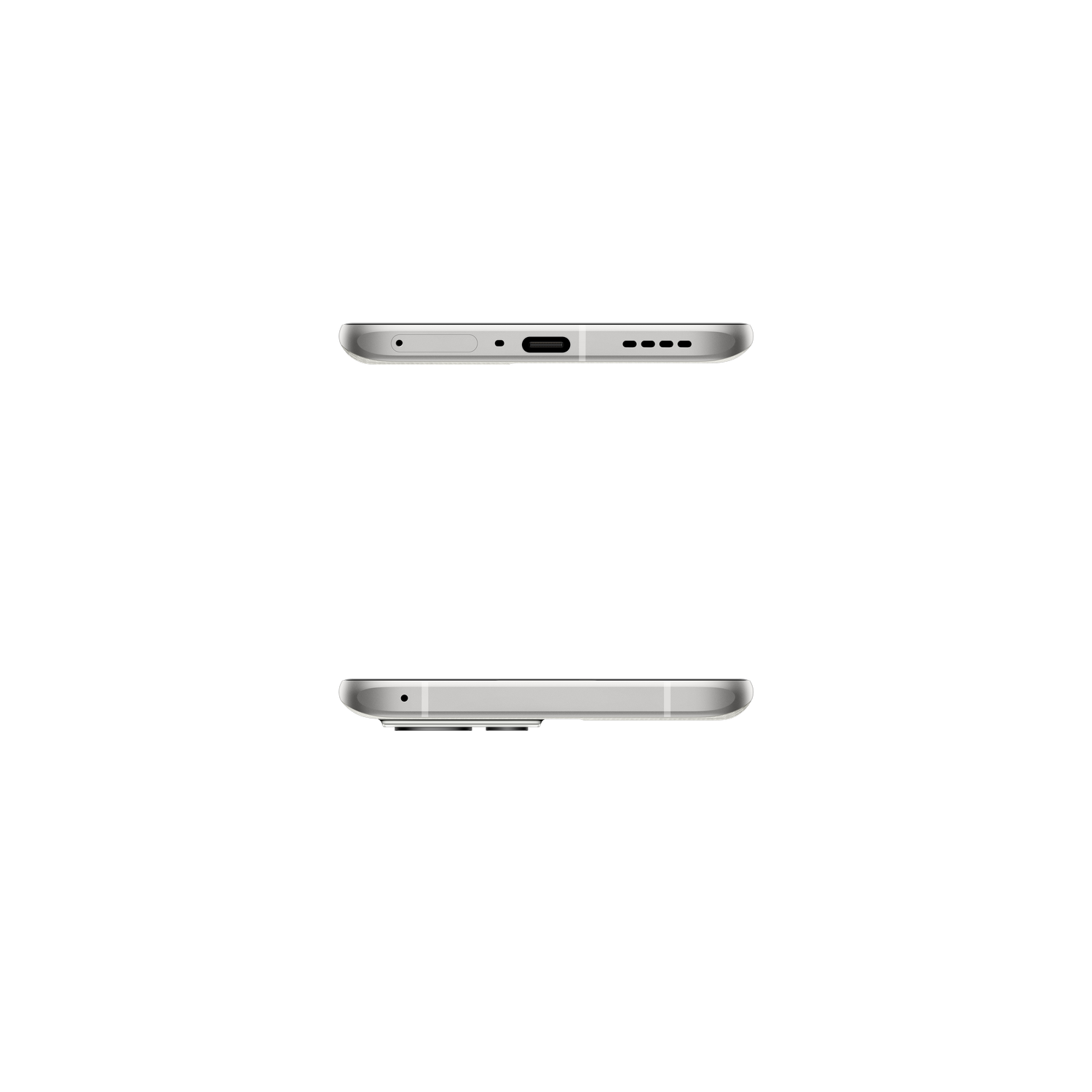 Dos teléfonos, vista lateral. Color plateado. Fondo negro. Diseño elegante y moderno.