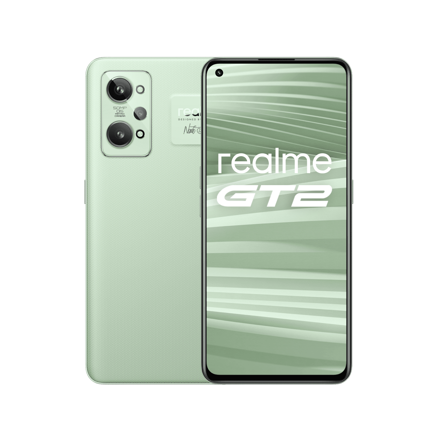Un nuevo teléfono Realme GT2 de color verde con la cámara a la izquierda.