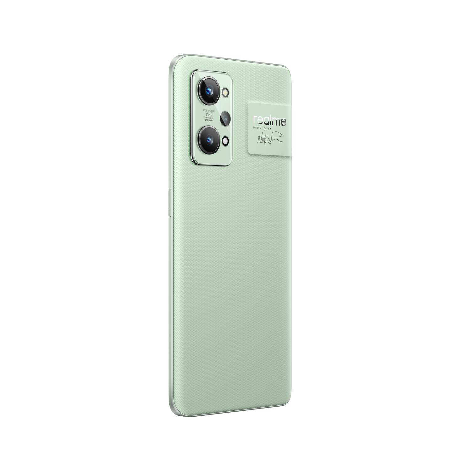 Smartphone verde menta con configuración de triple cámara y logotipo de marca en la parte trasera.