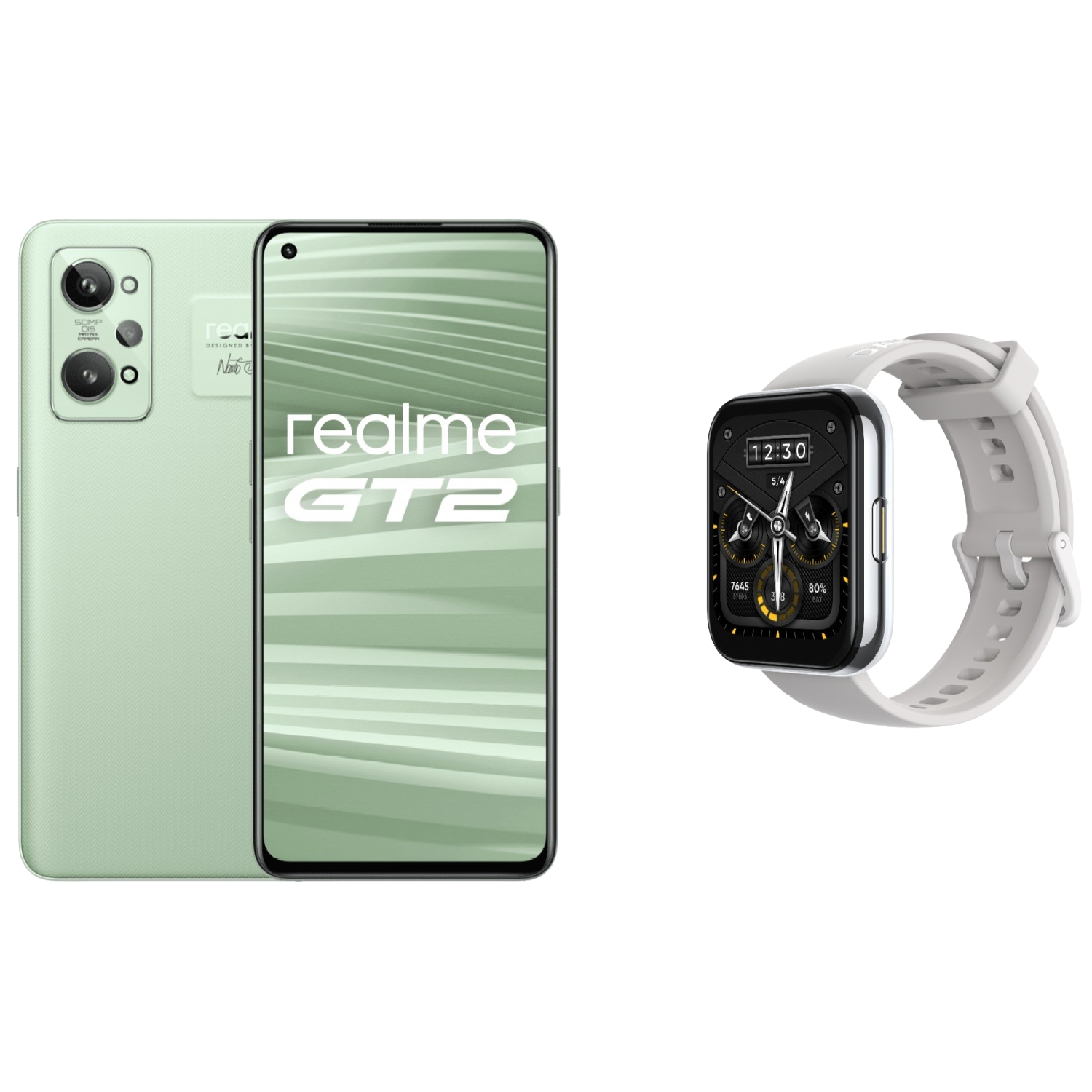 Teléfono verde menta y un reloj inteligente blanco. Teléfono a la izquierda, reloj a la derecha. Fondo negro.