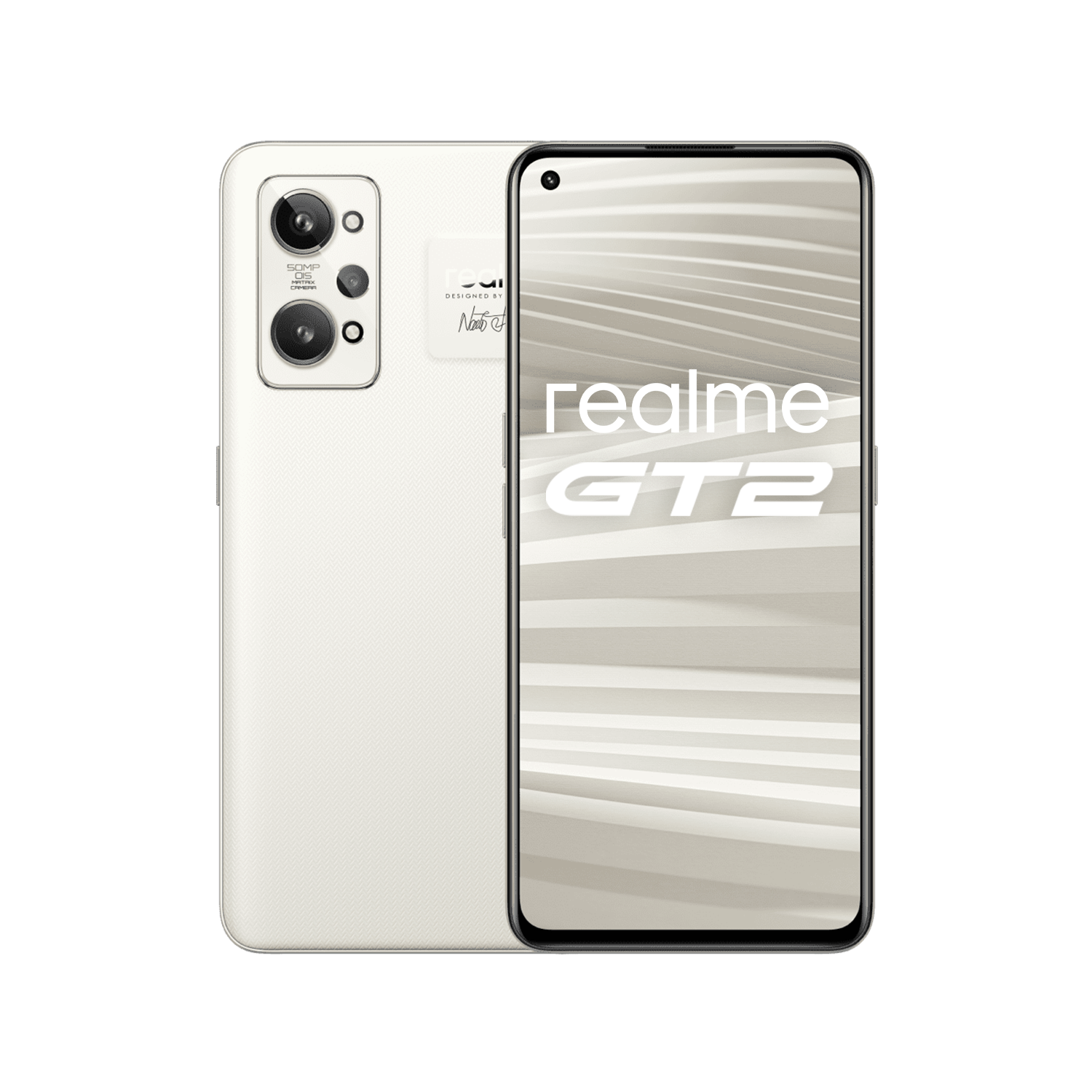 Un smartphone blanco con parte trasera crema y pantalla negra.