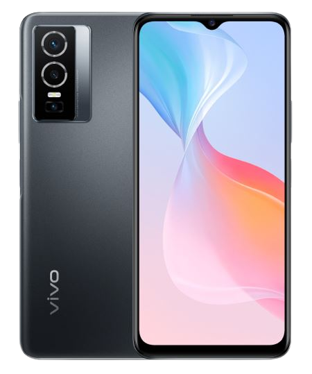 Dunkelgraues Vivo-Telefon, Rückseite und Vorderseite zeigend. Rückseite mit Kameras und Vivo-Logo.
