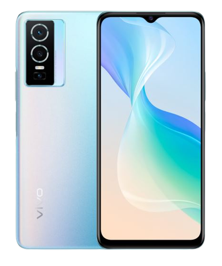 Smartphone mit hellblauem Farbverlauf, schwarzem Kameramodul und großem Bildschirm. Das Logo "VIVO" ist sichtbar.