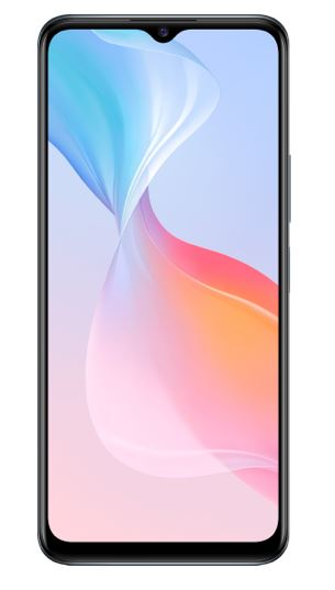 Schwarzes Smartphone mit farbenfrohem Display. Vorderansicht, weißer Hintergrund.
